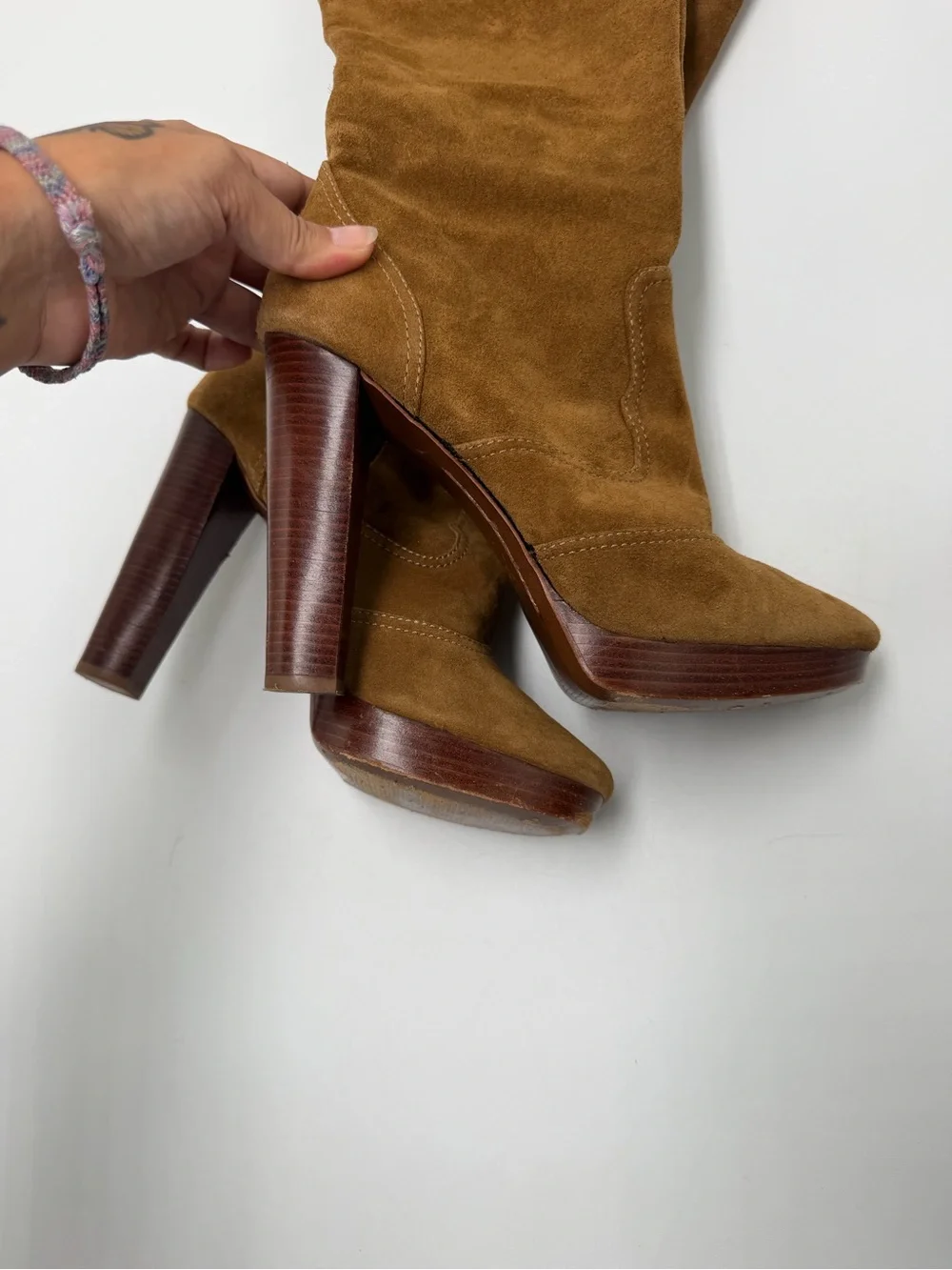 Vintage Michael Kors Suede Knee High Boots Tan Leather Platform Heels 7.5 M